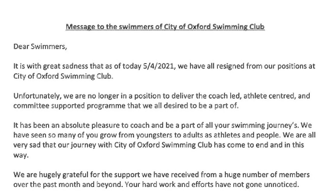 Entire Pool Coaching Team Of Five Quit City Of Oxford Swimming Club In Dispute With Committee